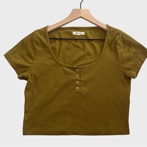 Madewell Olive Green Ribbed Cropped Henley Top Medium